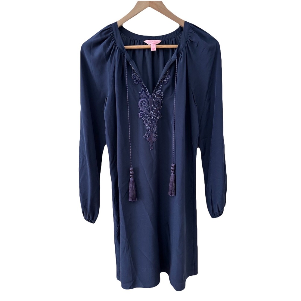Lilly Pulitzer Tunic Dress Small Navy Blue Silk Beaded Tassel Long Sleeve